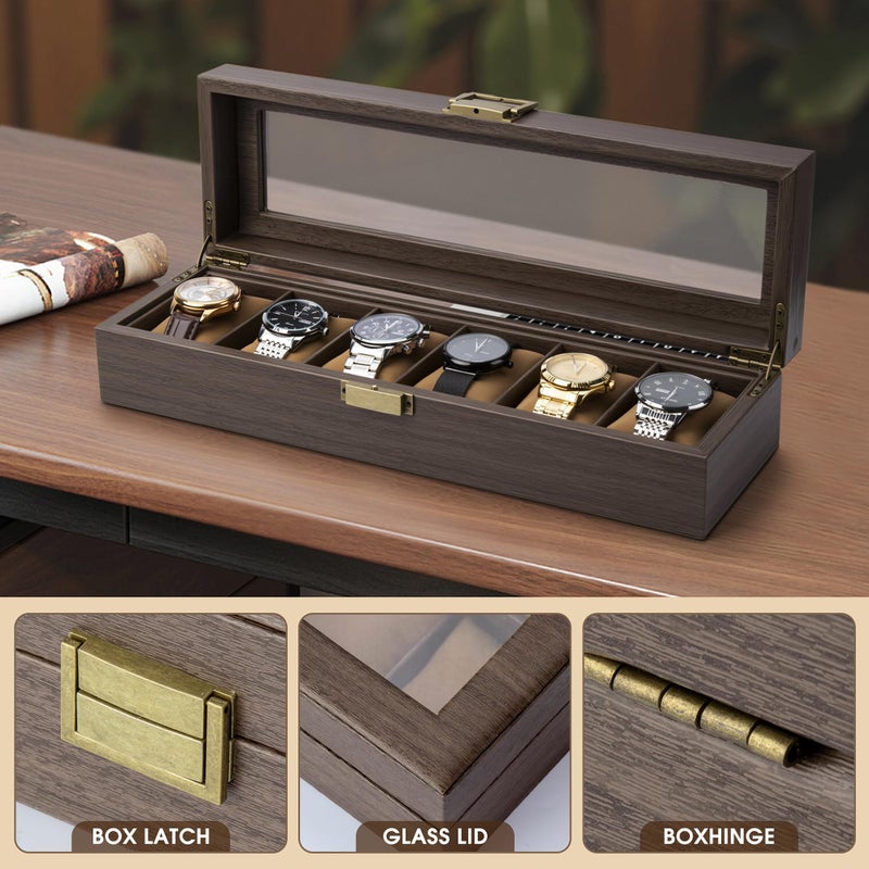 Lonian Watch Box, Watch Case for Men 6 Slots Wood Storage Watch Case Organizer with Glass Display Top Exquisite and Durable - Image 3